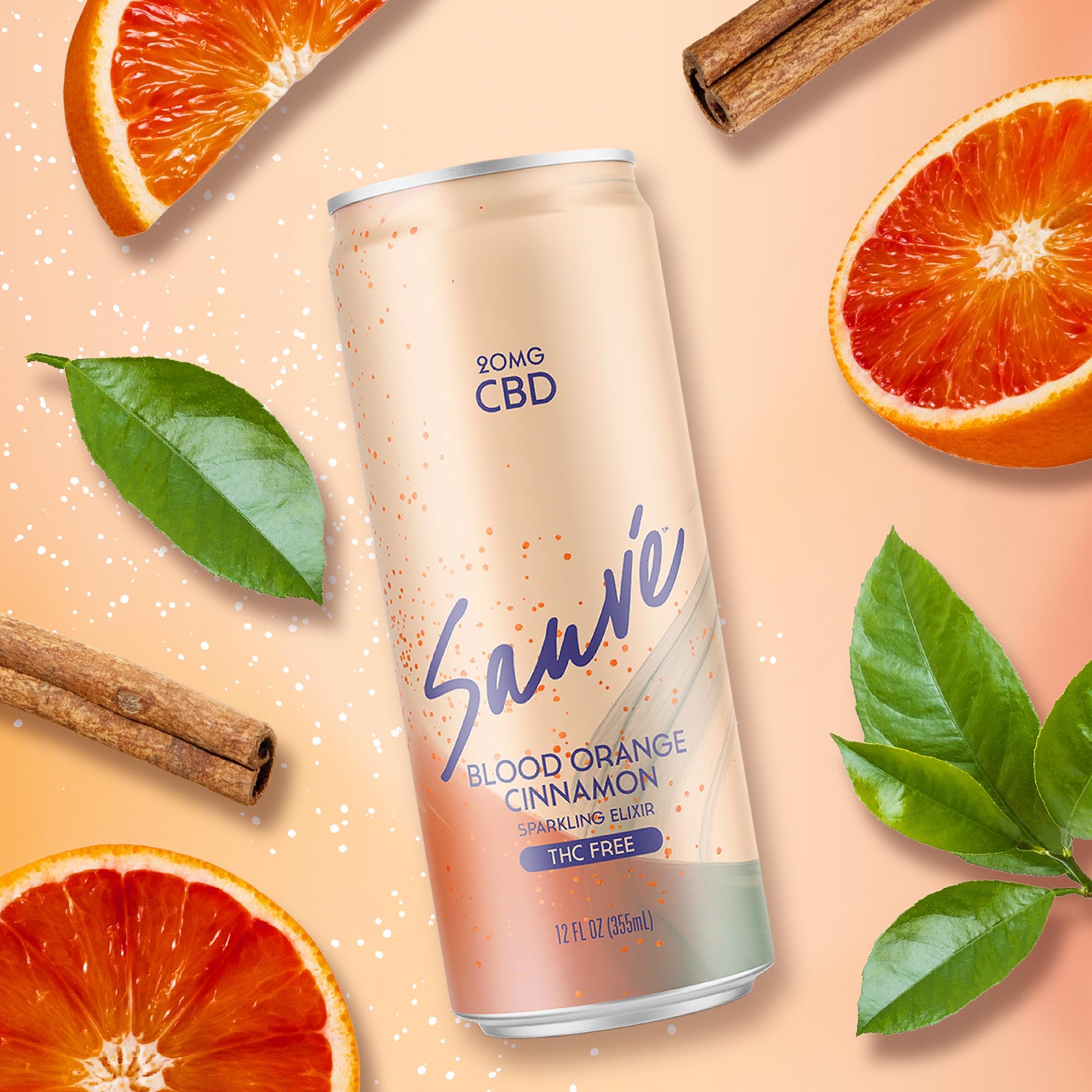 12 fl oz can of Blood Orange Cinnamon Sparkling Elixir, on a pale orange background with blood orange slices, cinnamon sticks, and green leaves. Product is THC free, and contains 20mg CBD.