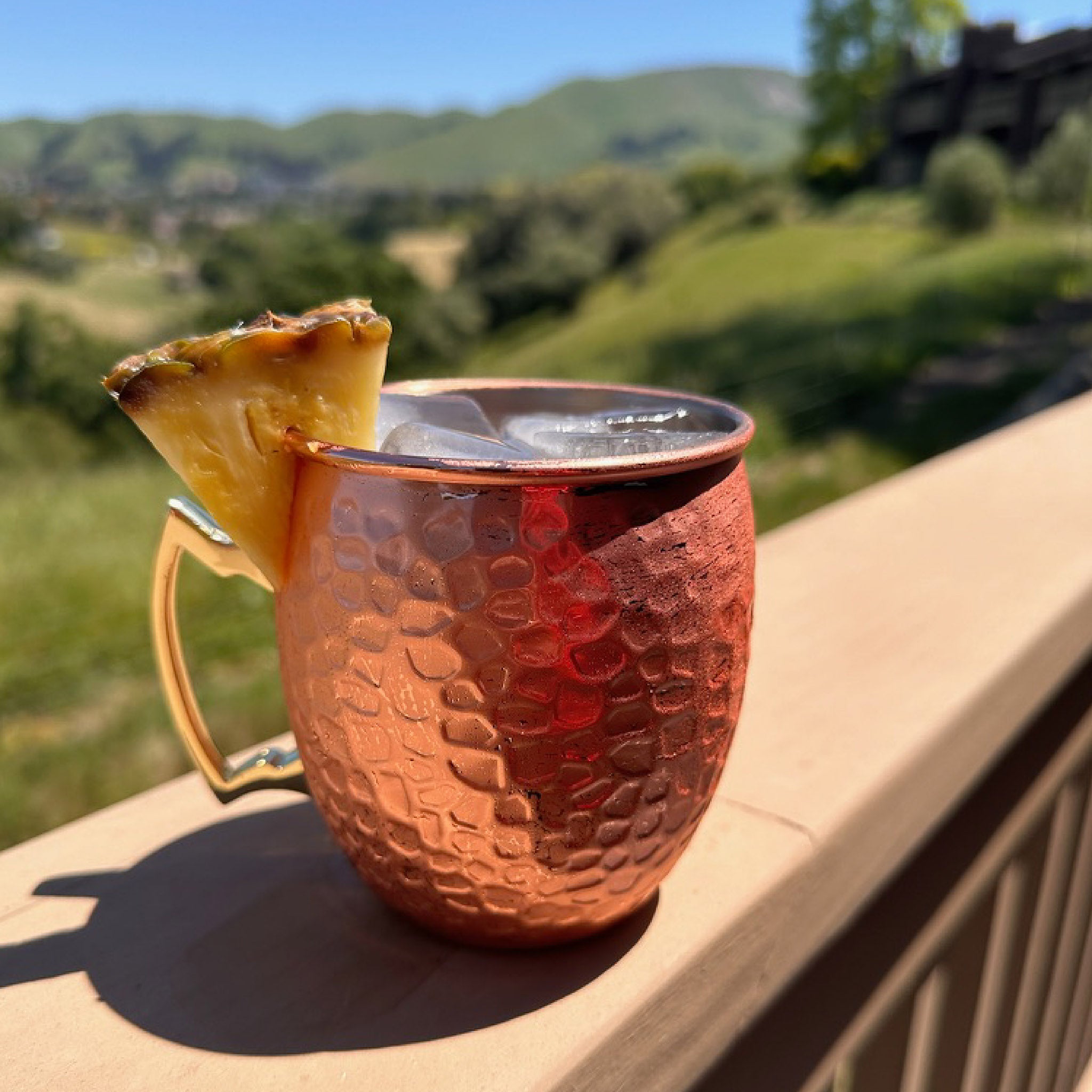 A copper mug of Blood Orange Sparkling Elixir, over ice with a pineapple wedge garnish, sitting on a wooden railing against a green landscape.