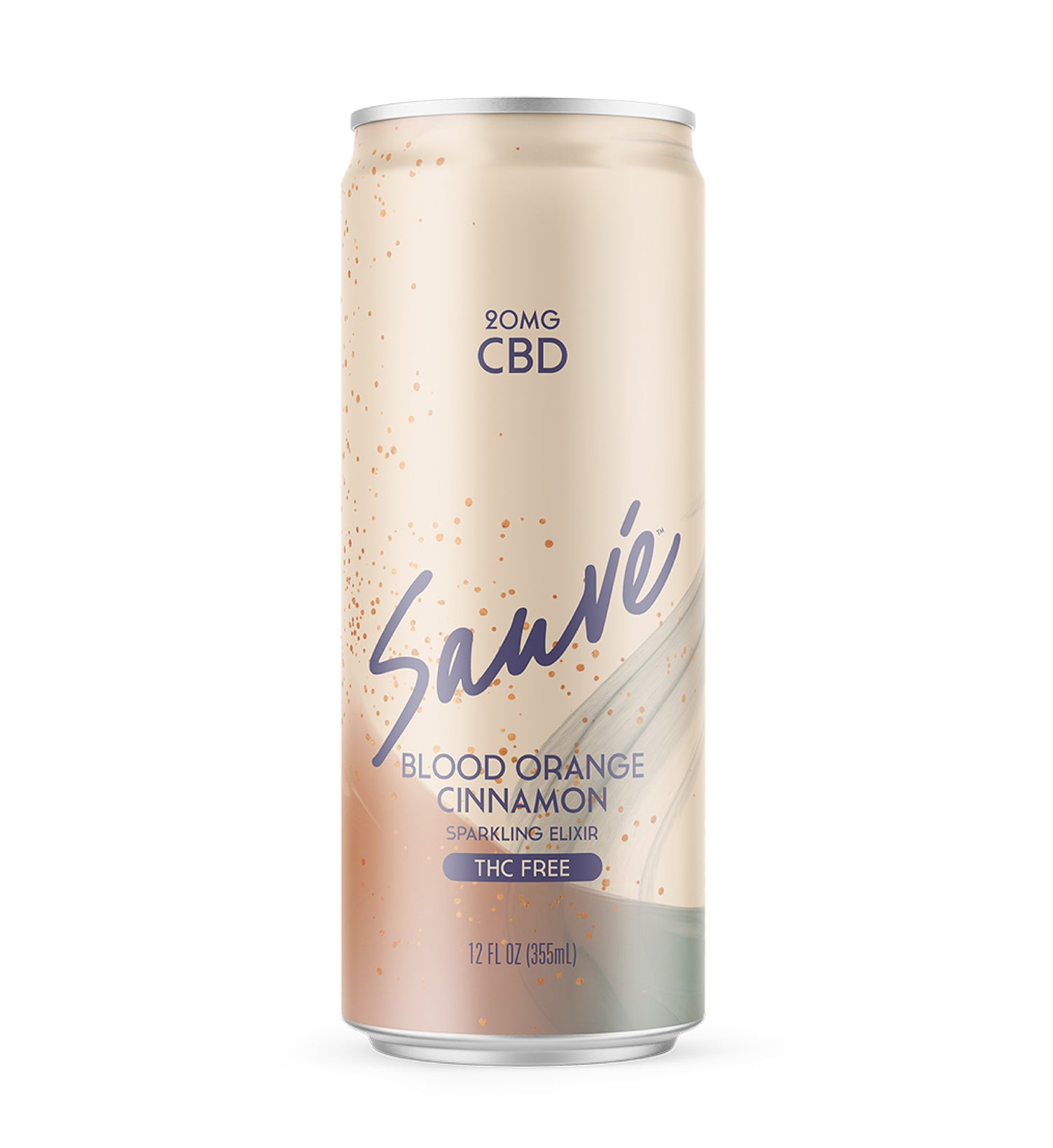 12 fl oz can of Blood Orange Cinnamon Elixir. Product is THC free, and contains 20mg CBD. Label displays the company logo on a pale orange background.