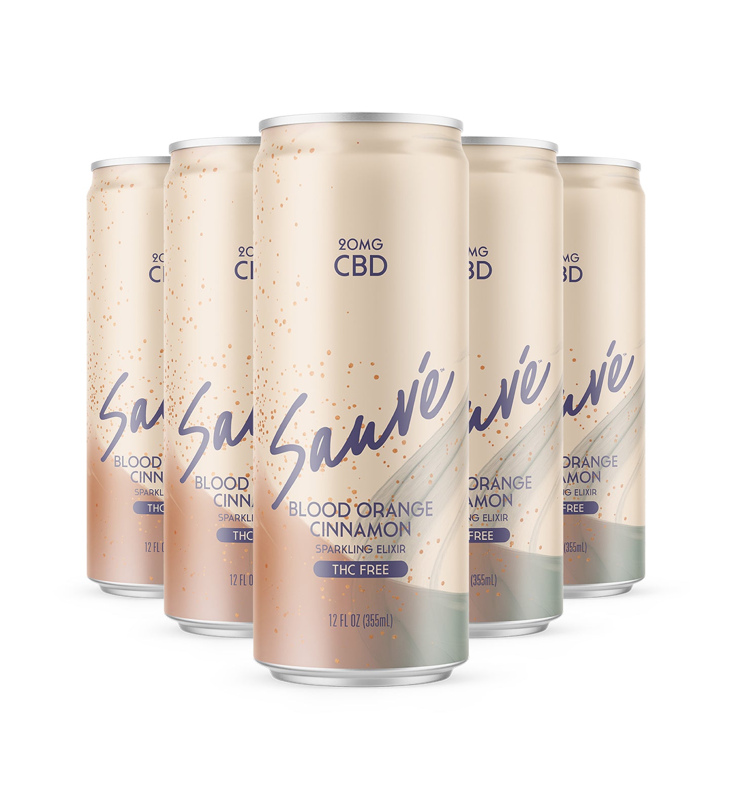 5 cans of Blood Orange Cinnamon Sparkling Elixir, arranged in a triangle.