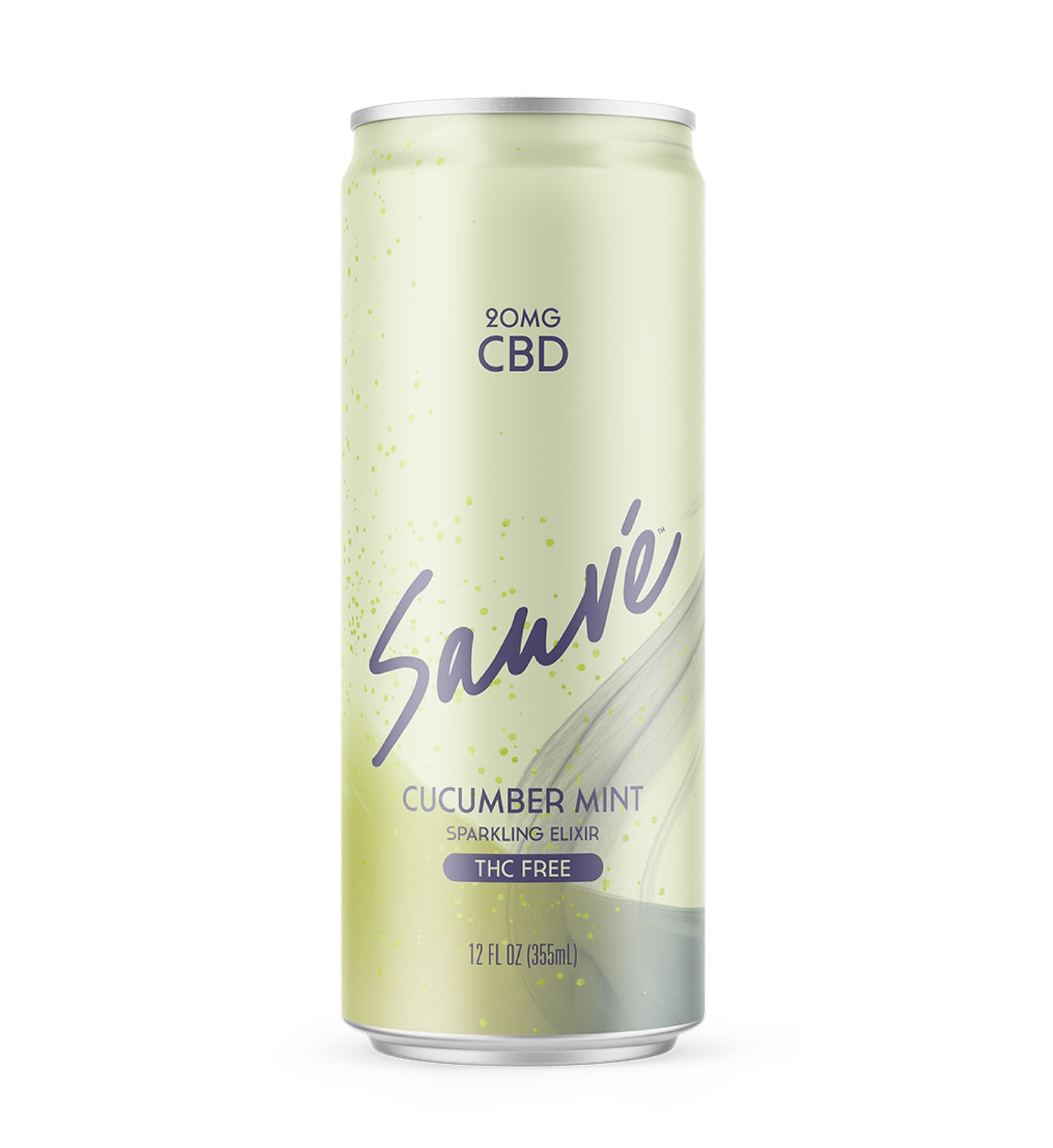 12oz can of Cucumber Mint Sparkling Elixir. Product is THC free, and contains 20mg CBD. Label displays the company logo on a pale green background.