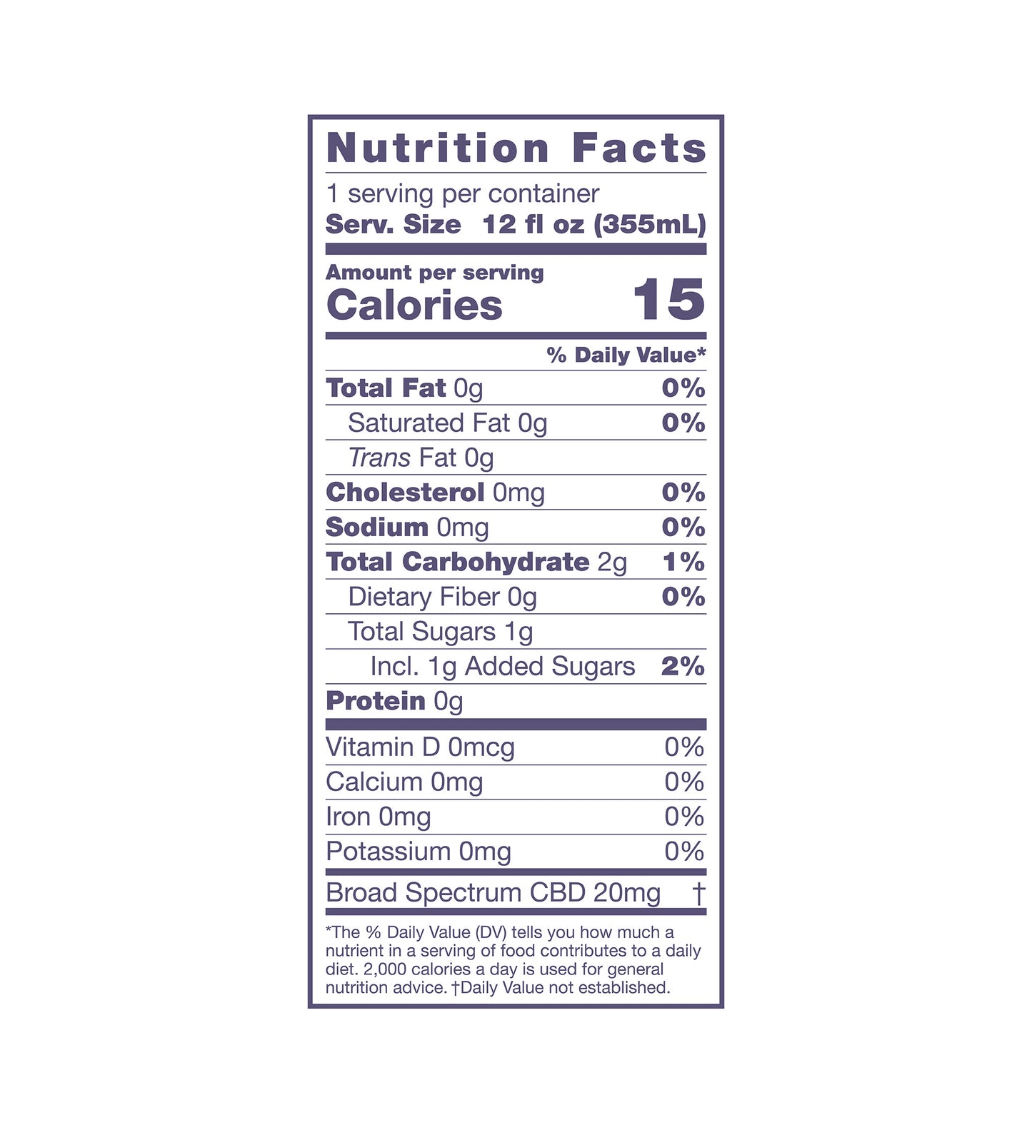 Nutrition panel for 12fl oz of Cucumber Mint Sparkling Elixir:
Total calories: 15.
Total Fat, 0g, 0% daily value.
Saturated Fat, 0g, 0% daily value.
Trans Fat, 0g.
Cholesterol, 0mg.
Sodium, 0mg, 0% daily value.
Total Carb, 2g, 1% daily value.
Dietary Fiber, 0g, 0% daily value.
Total Sugars, 1g, 2% daily value.
Protein 0g.
Vitamin D, 0mcg, 0% daily value.
Calcium, 0mg, 0% daily value.
Iron, 0mg, 0% daily value.
Potassium, 0mg, 0% daily value.
Broad Spectrum CBD, 20mg. Daily value not established.