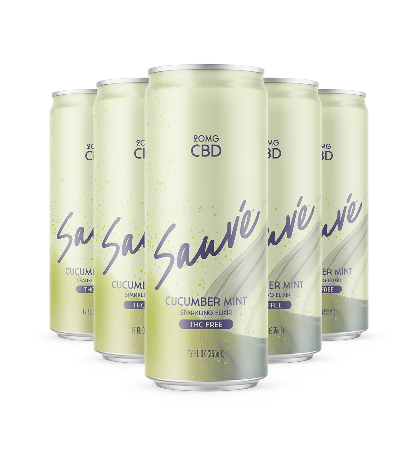 5 cans of Cucumber Mint Sparkling Elixir, arranged in a triangle.