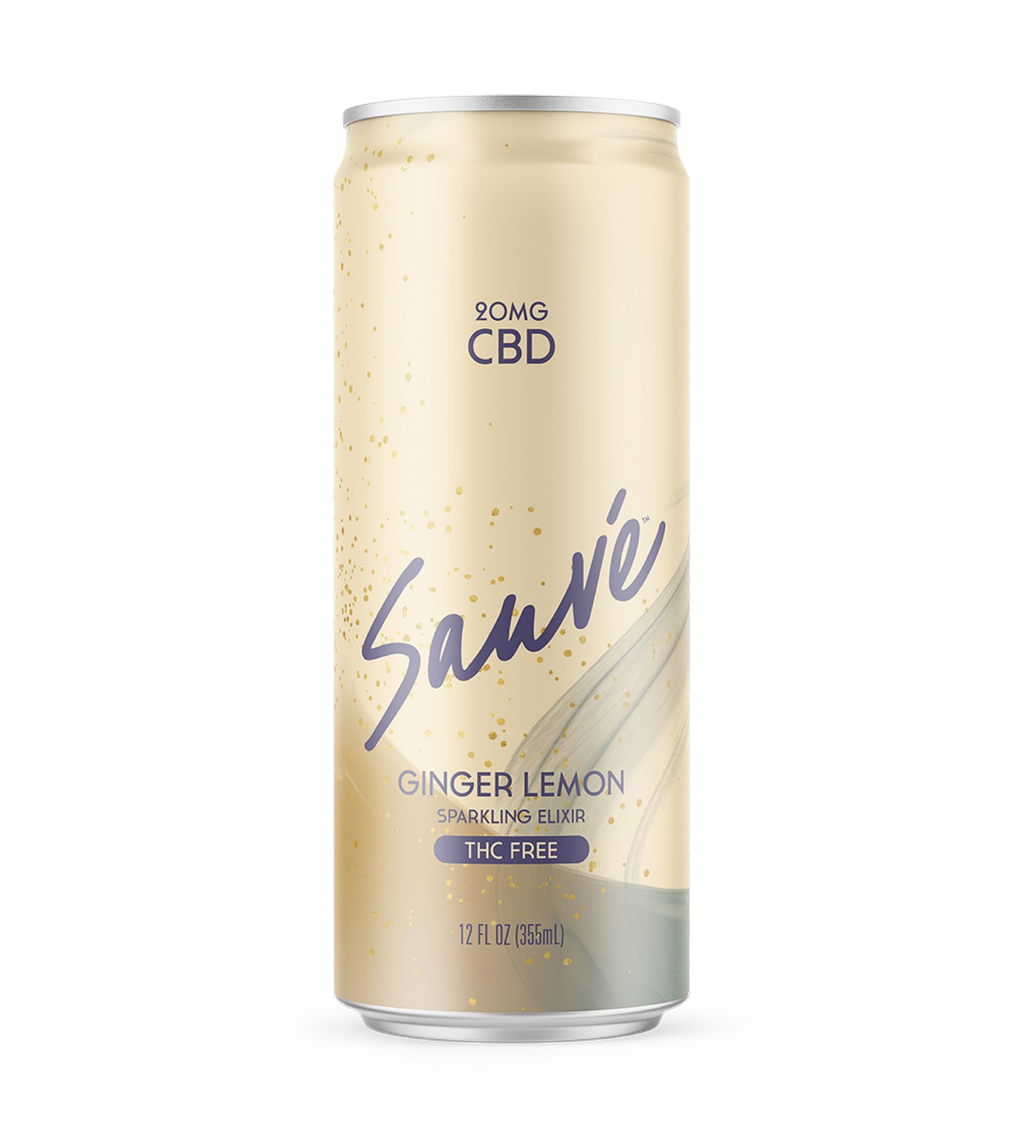 12 fl oz can of Ginger Lemon Elixir. Product is THC free, and contains 20mg CBD. Label displays the company logo on a pale yellow background.