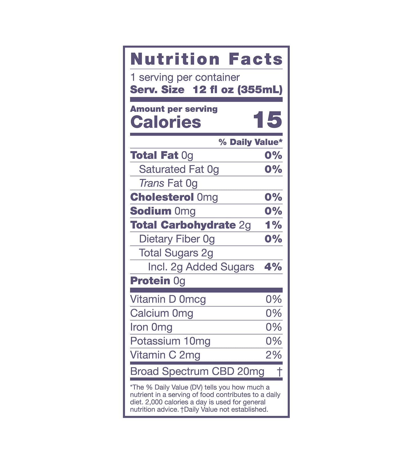 Nutrition panel for 12fl oz of Ginger Lemon Sparkling Elixir:
Total calories: 15.
Total Fat, 0g, 0% daily value.
Saturated Fat, 0g, 0% daily value.
Trans Fat, 0g.
Cholesterol, 0mg.
Sodium, 0mg, 0% daily value.
Total Carb, 2g, 1% daily value.
Dietary Fiber, 0g, 0% daily value.
Total Sugars, 2g, 4% daily value.
Protein 0g.
Vitamin D, 0mcg, 0% daily value.
Calcium, 0mg, 0% daily value.
Iron, 0mg, 0% daily value.
Potassium, 10mg, 0% daily value.
Vitamin C, 2mg, 2% daily value.
Broad Spectrum CBD, 20mg