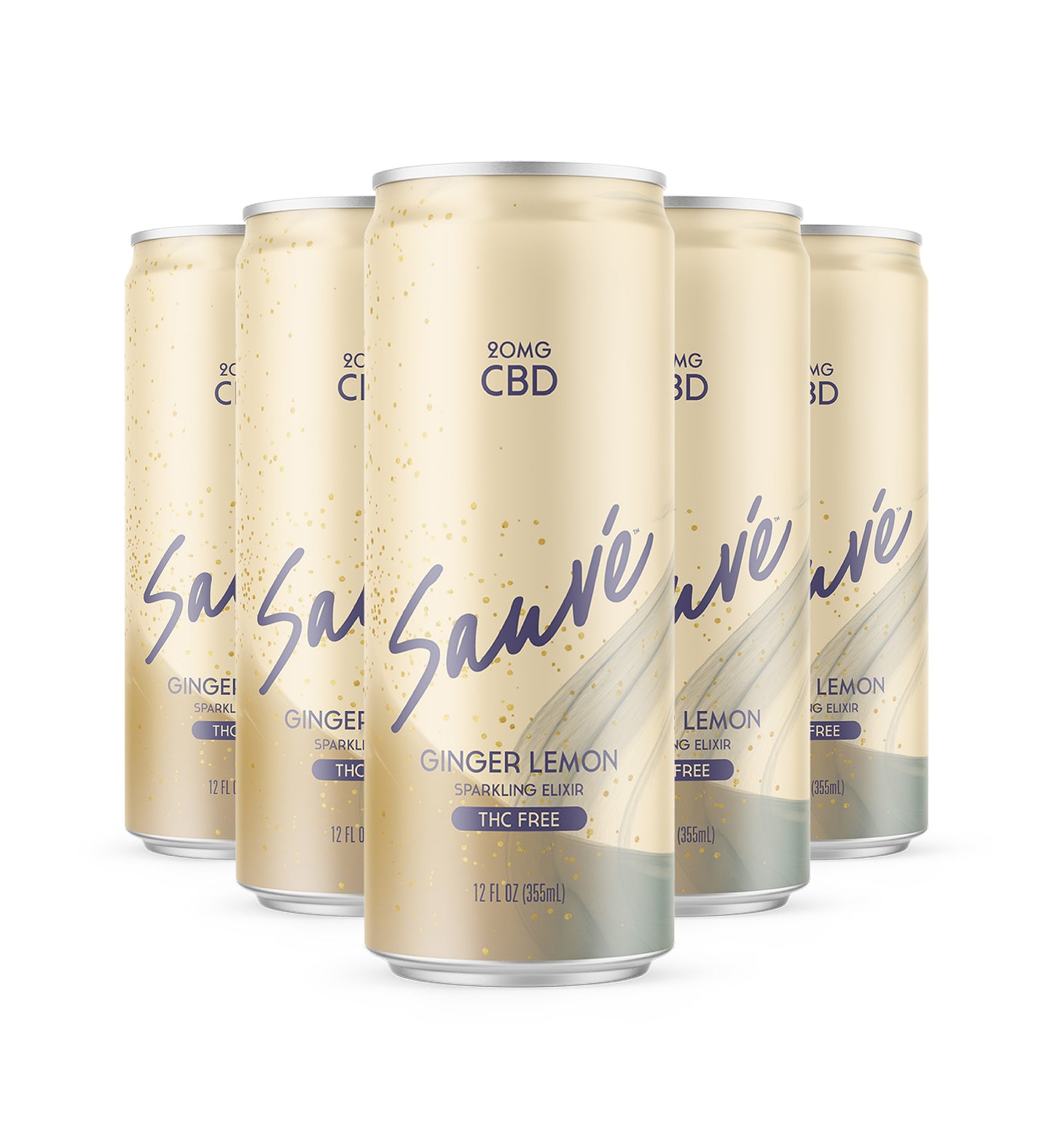 5 cans of Ginger Lemon Sparkling Elixir, arranged in a triangle.