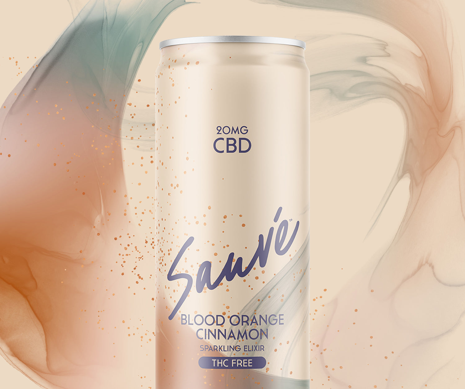 12 fl oz can of Blood Orange Cinnamon Elixir. Product is THC free, and contains 20mg CBD. Label displays the company logo on a pale orange background.