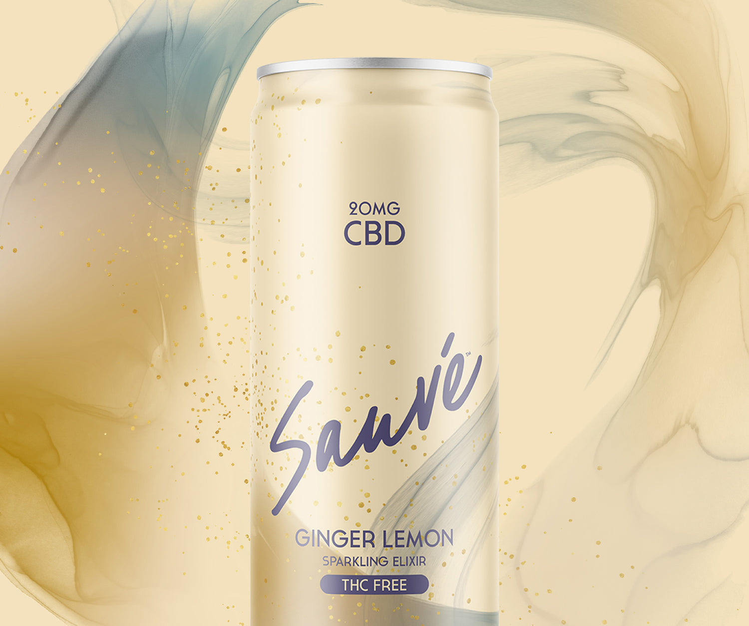 12 fl oz can of Ginger Lemon Elixir. Product is THC free, and contains 20mg CBD. Label displays the company logo on a pale yellow background.