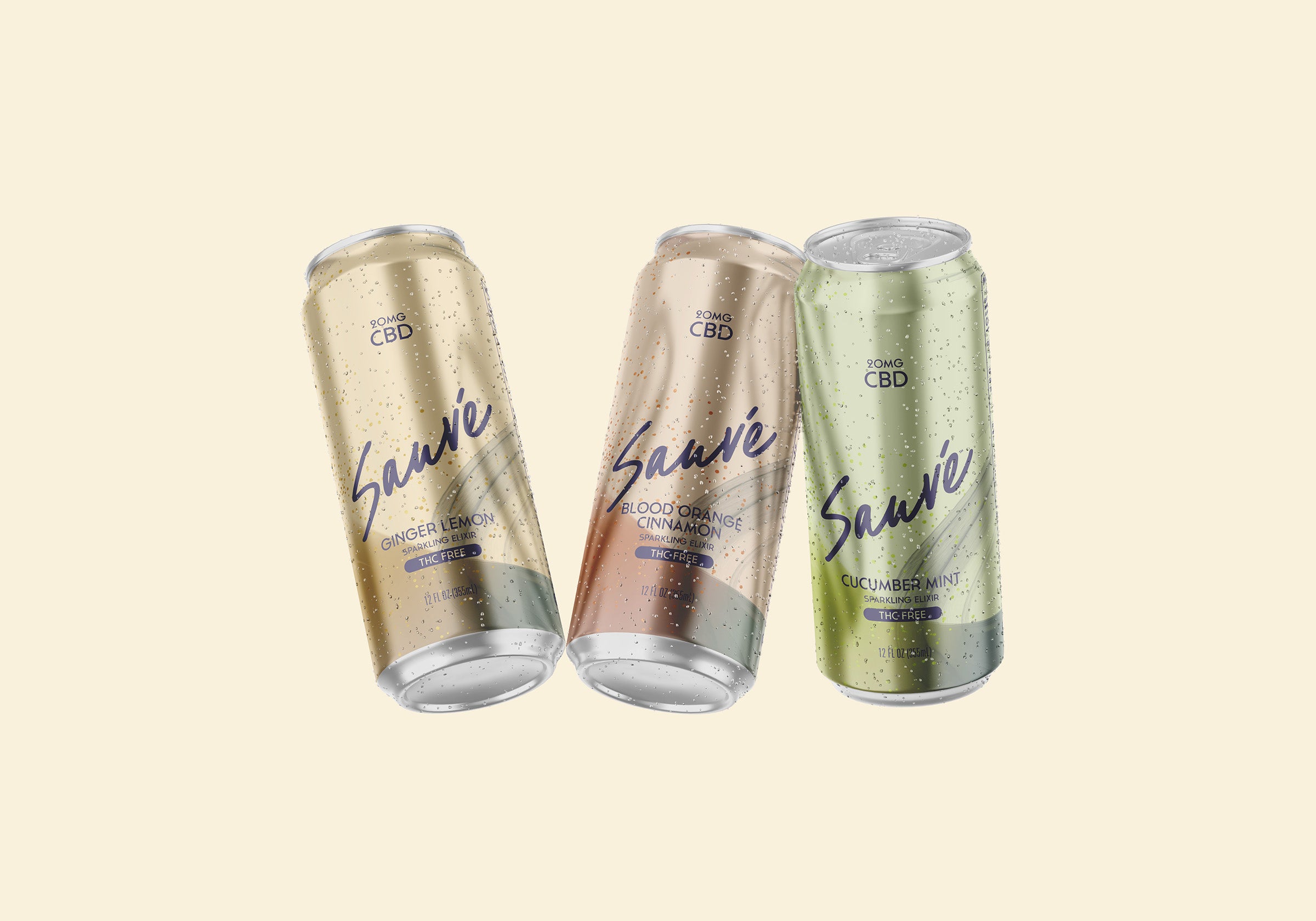 Several cans of Sauvé Sparkling CBD Elixir, in the flavors Ginger Lemon, Blood Orange Cinnamon, and Cucumber Mint, on a pale yellow background.