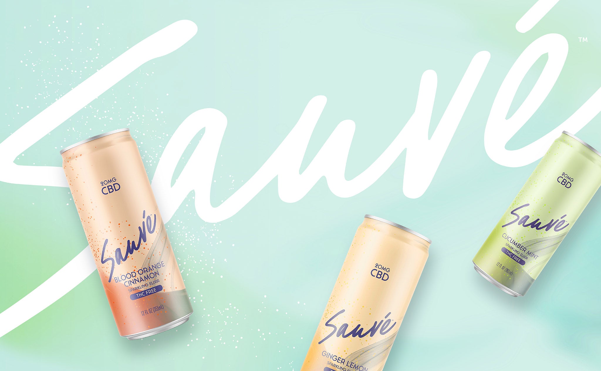 Several cans of Sauvé Sparkling CBD Elixir. Left to right: the flavors Blood Orange Cinnamon, Ginger Lemon, Cucumber Mint, and on a pale green-to-blue background that contains the company name 