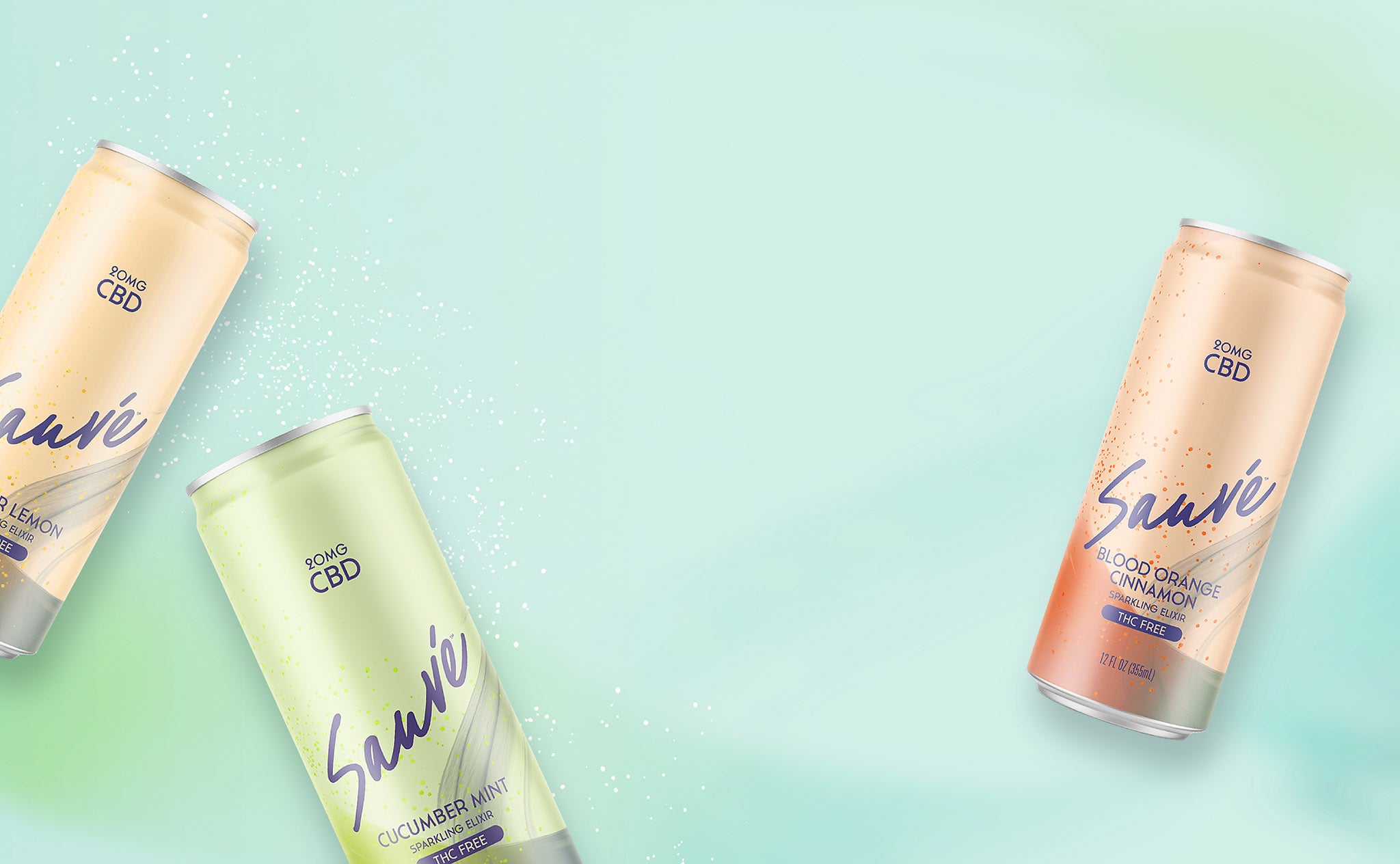 Several cans of Sauvé Sparkling CBD Elixir. Left to right: the flavors Ginger Lemon, Cucumber Mint, and Blood Orange Cinnamon on a pale green-to-blue background.