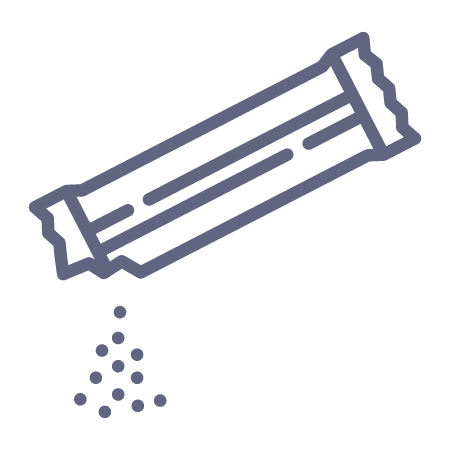 A blue-gray outline of granules shaking out of a torn packet, indicating product is low in sugar.
