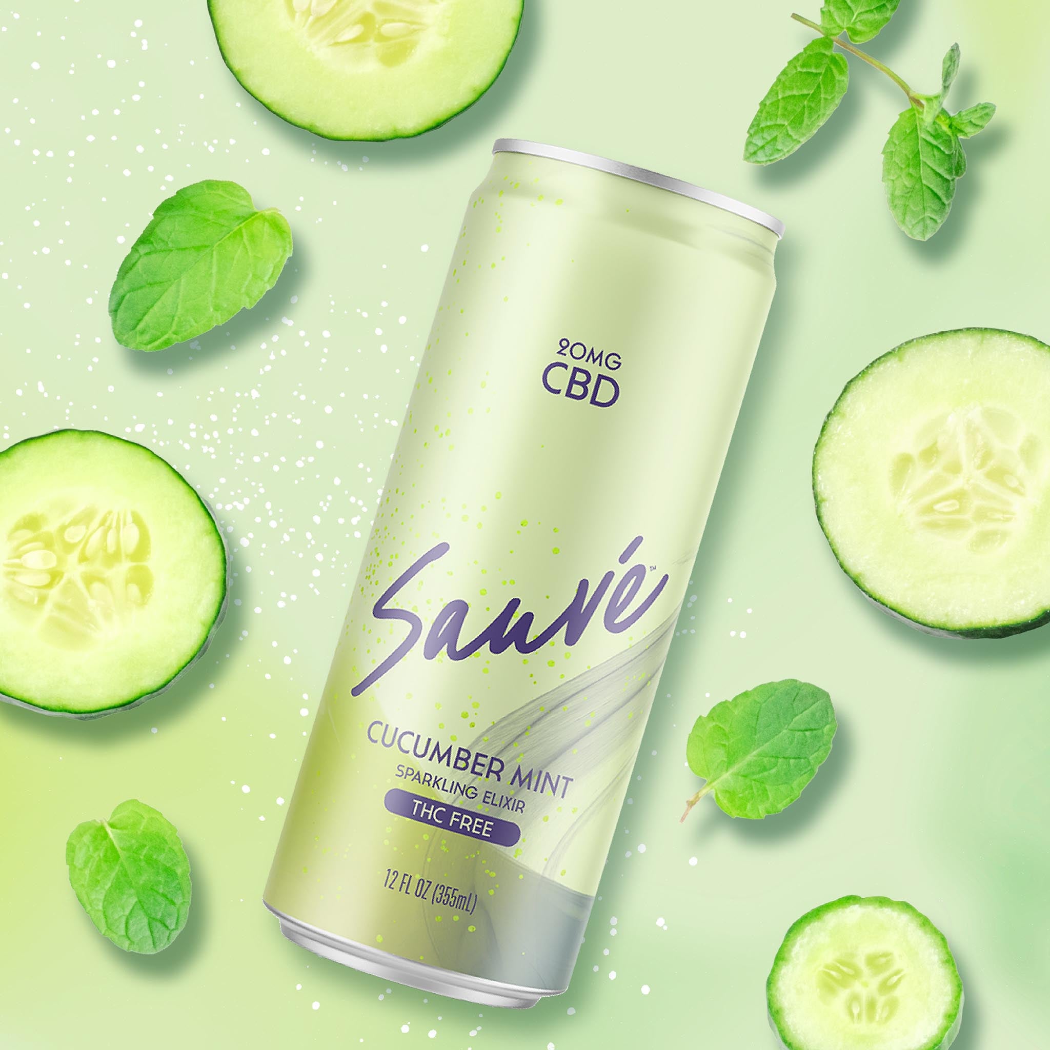 12 fl oz can of Cucumber Mint Sparkling Elixir, on a pale green background with cucumber slices and mint leaves. Product is THC free, and contains 20mg CBD.