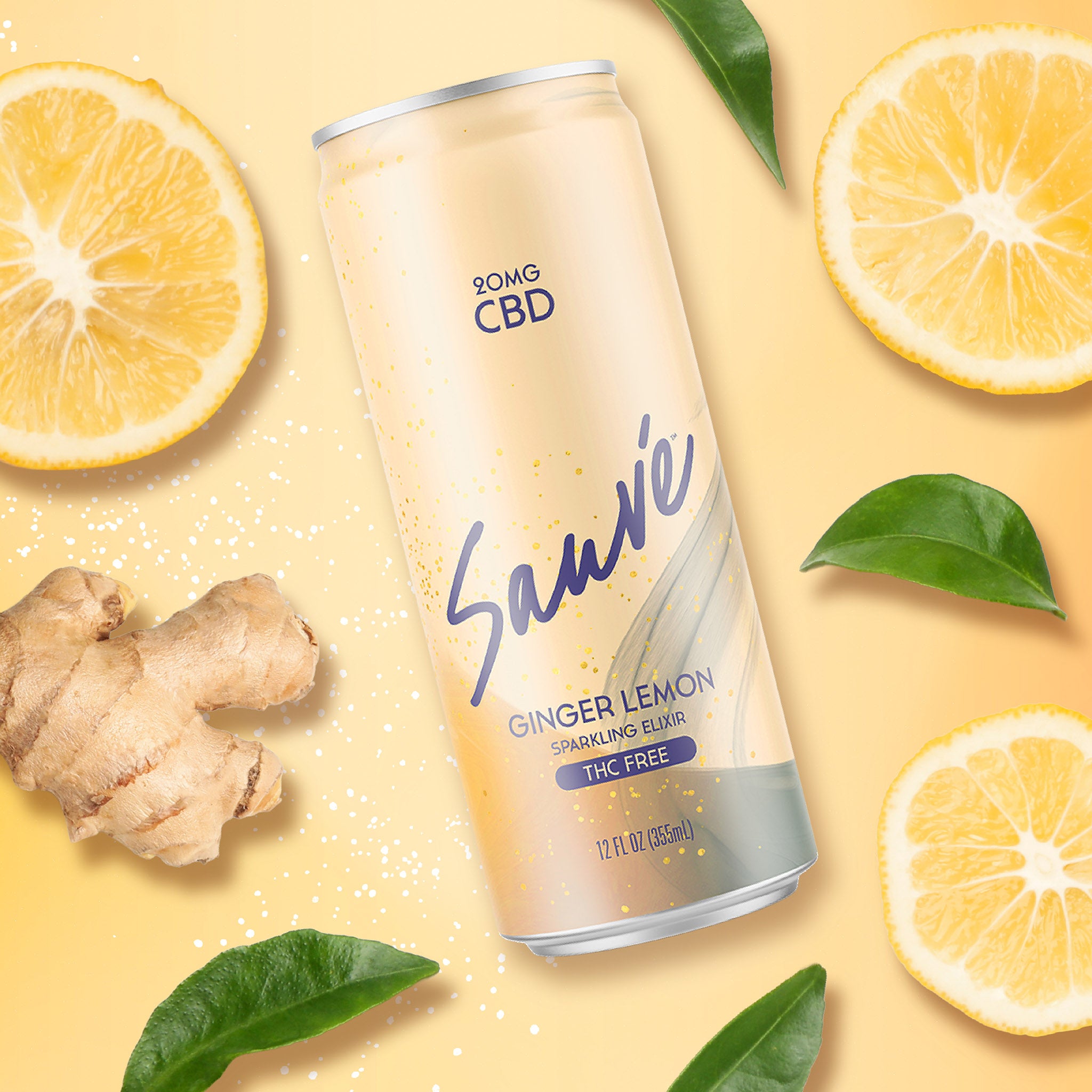12 fl oz can of Ginger Lemon Sparkling Elixir, on a pale yellow background with lemon slices, ginger root, and green leaves. Product is THC free, and contains 20mg CBD.