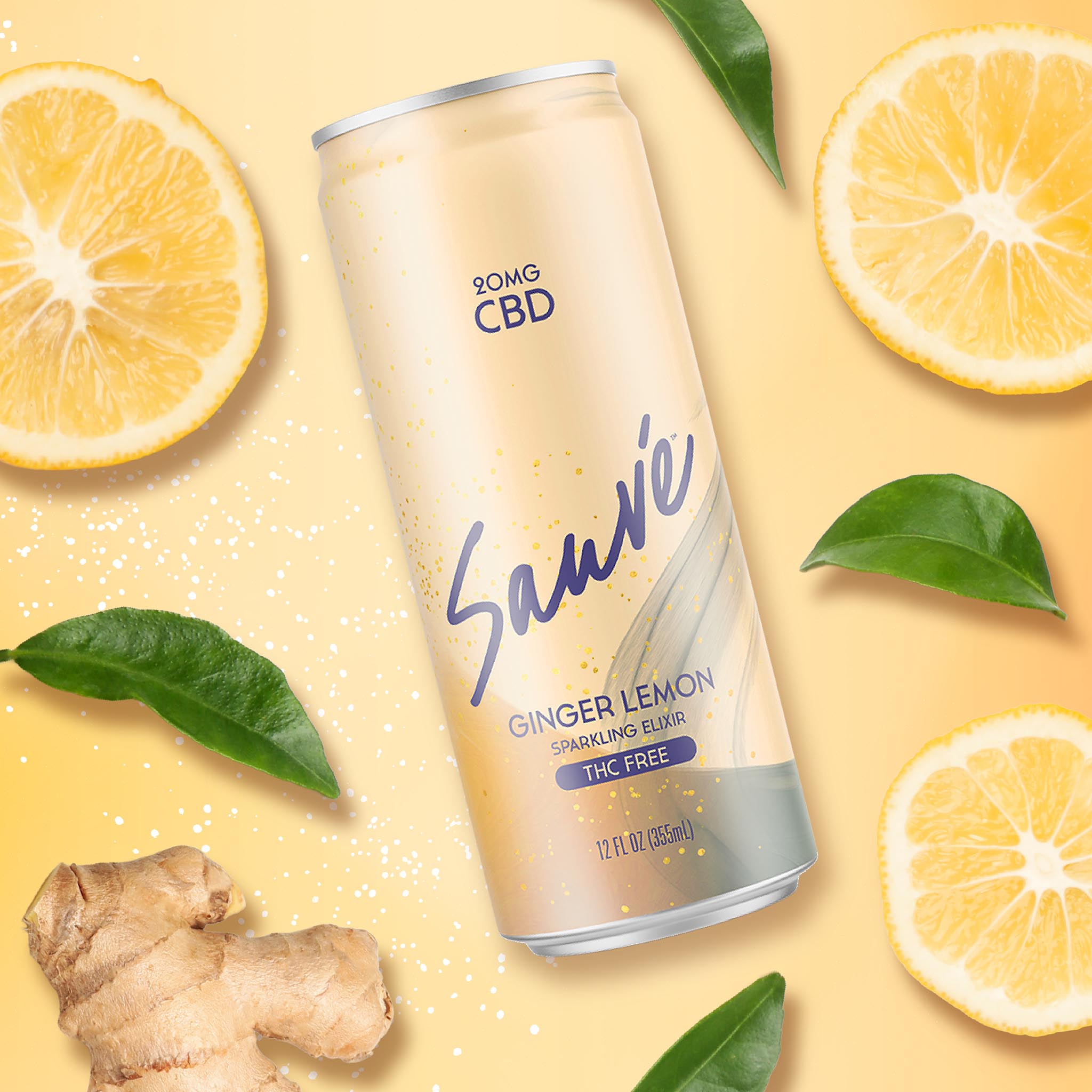 12 fl oz can of Ginger Lemon Sparkling Elixir, on a pale yellow background with lemon slices, ginger root, and green leaves. Product is THC free, and contains 20mg CBD.