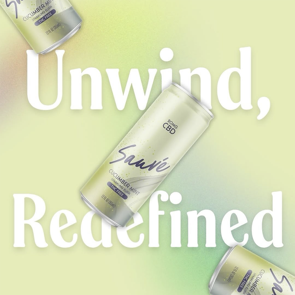 3 12oz cans of Cucumber Mint Sparkling Elixir, on a pale green-yellow background. White text overlay reads: "Unwind, Redefined."