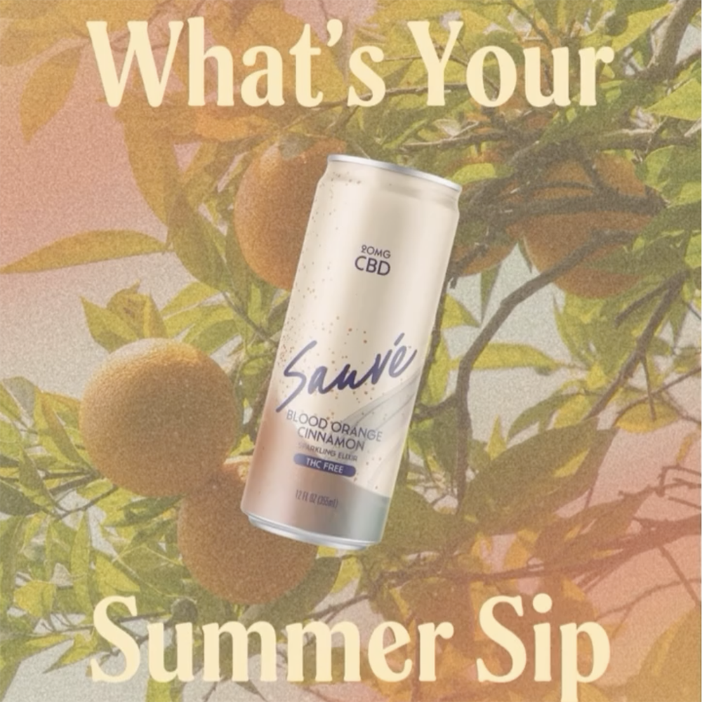A 12oz can of Blood Orange Cinnamon Sparkling Elixir, on a background image of an orange tree. White text overlay reads: "What's Your Summer Sip"