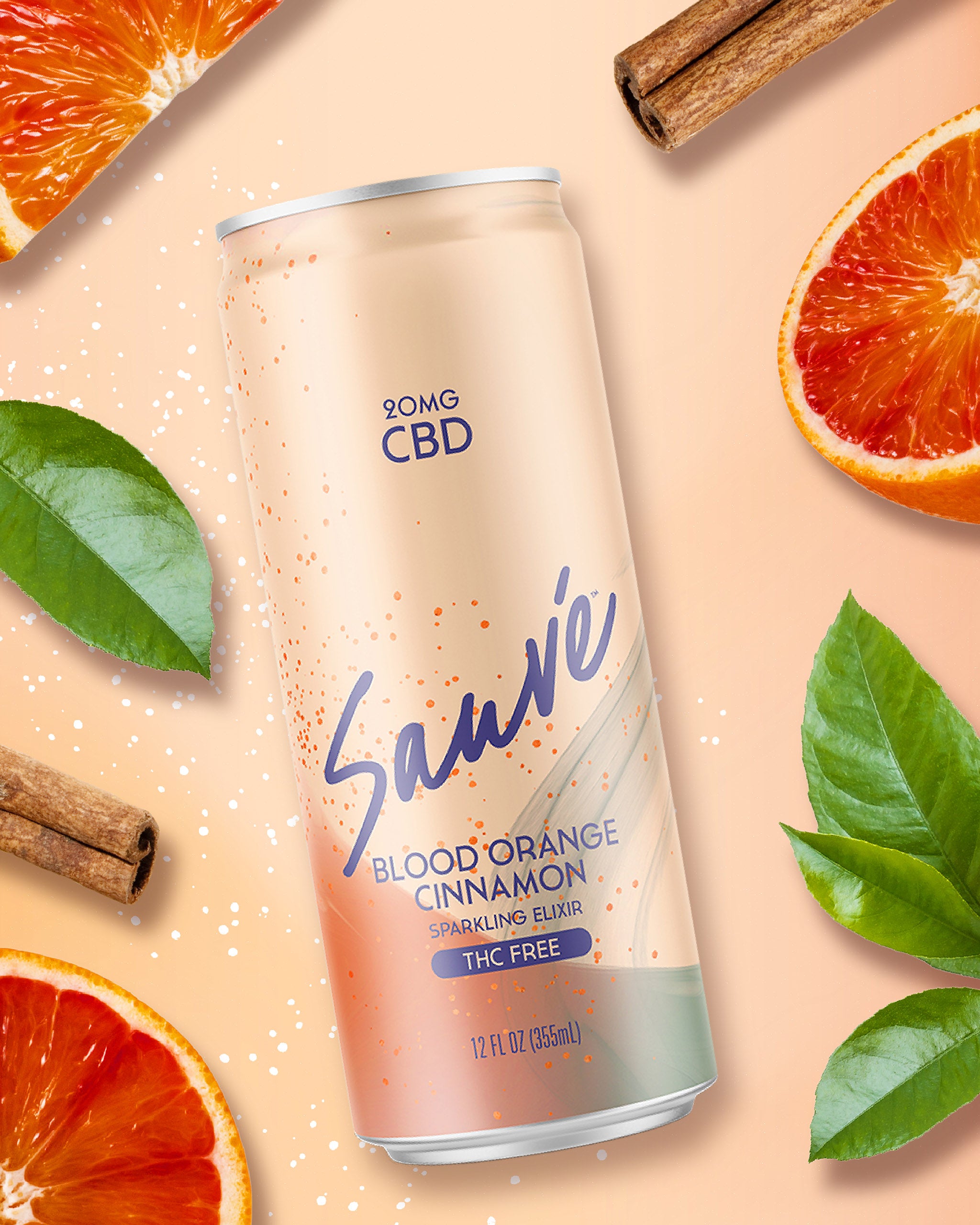 12 fl oz can of Blood Orange Cinnamon Sparkling Elixir, on a pale orange background with blood orange slices, cinnamon sticks, and green leaves. Product is THC free, and contains 20mg CBD.