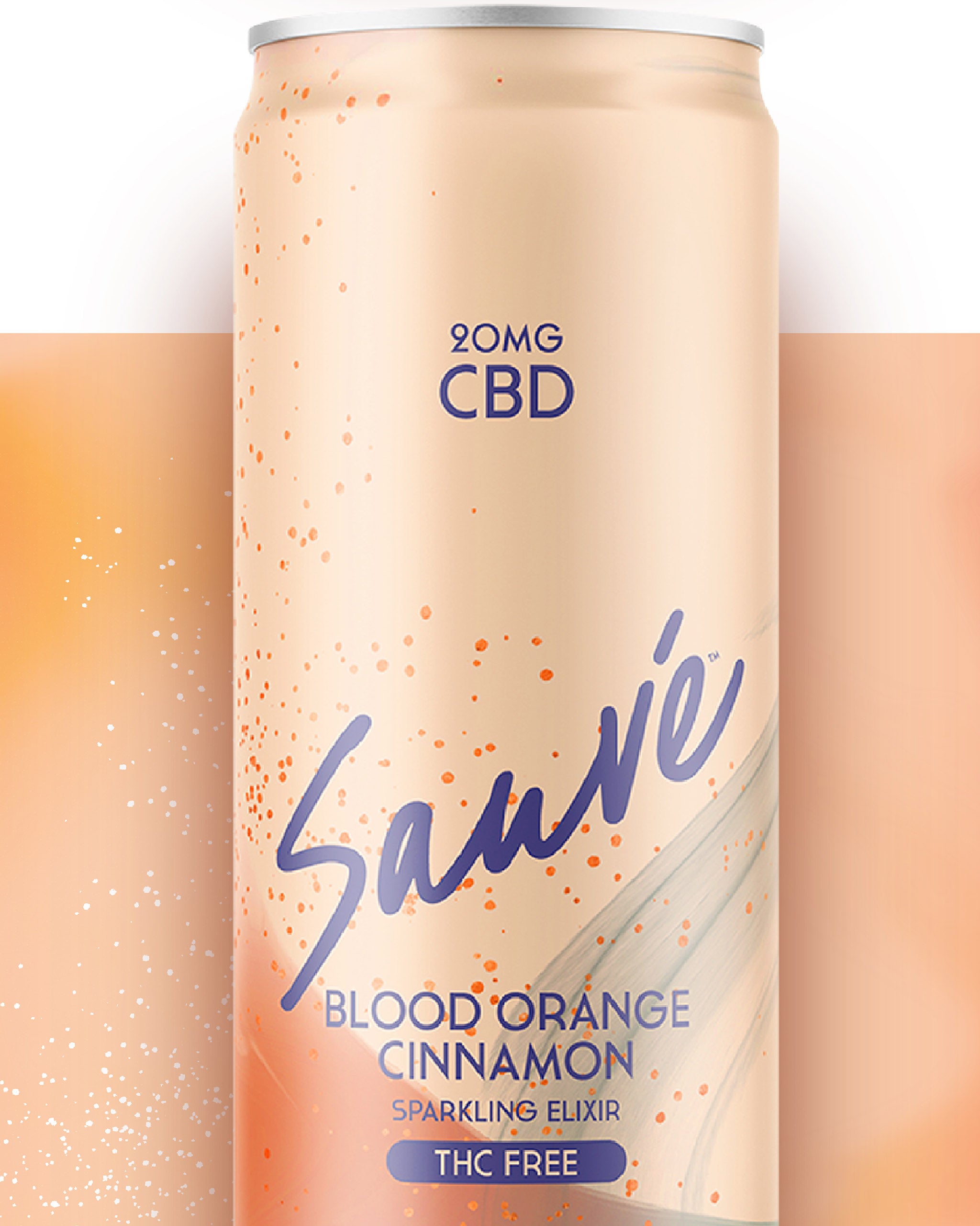 12 fl oz can of Blood Orange Cinnamon Sparkling Elixir. Product is THC free, and contains 20mg CBD. Label displays the company logo on a pale orange background.