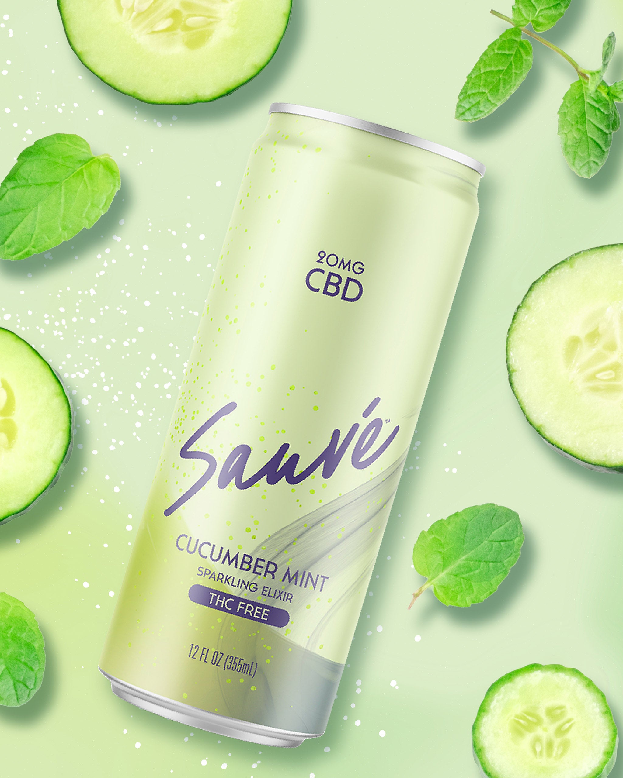 12 fl oz can of Cucumber Mint Sparkling Elixir, on a pale green background with cucumber slices and mint leaves. Product is THC free, and contains 20mg CBD.