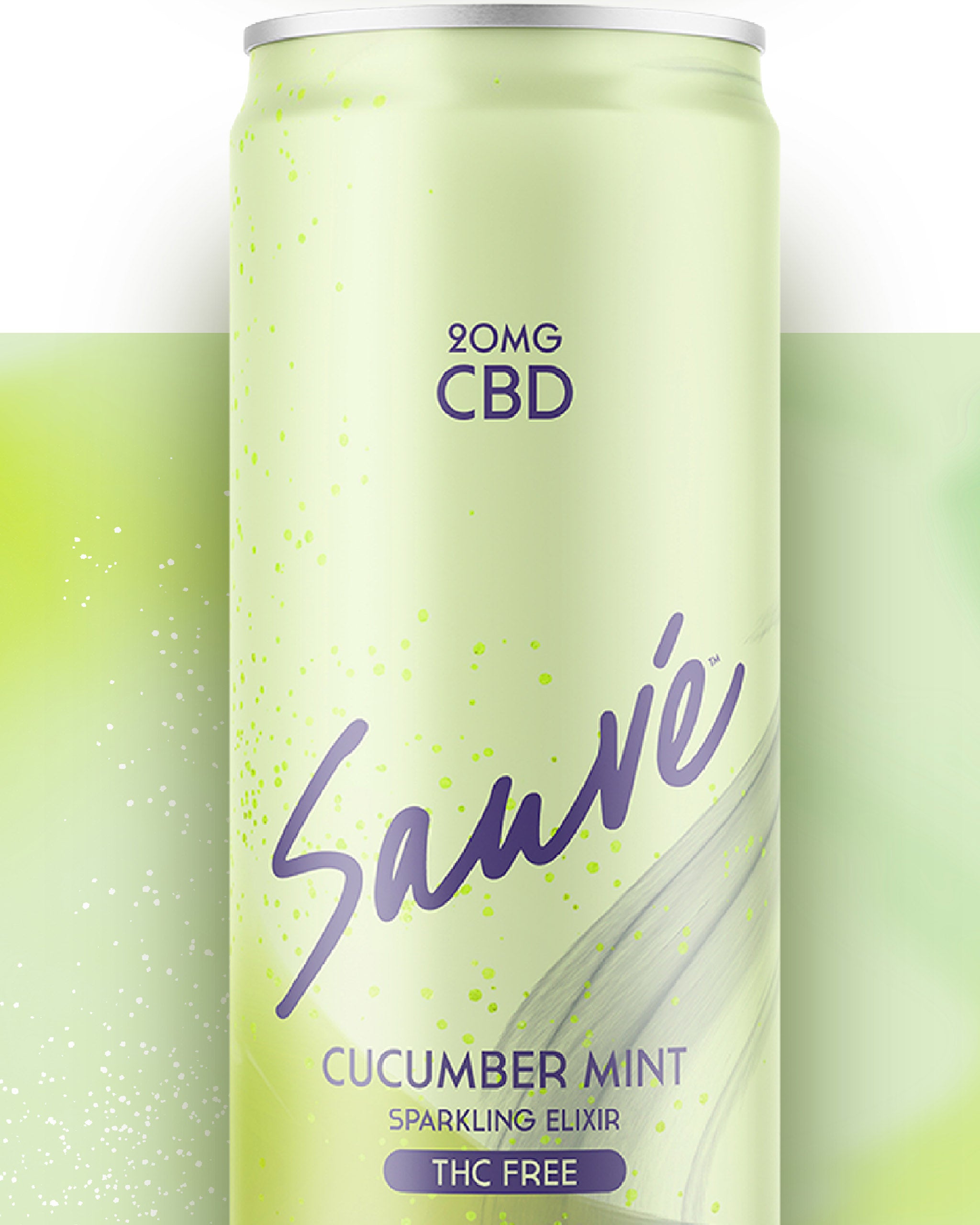12 fl oz can of Cucumber Mint Sparkling Elixir. Product is THC free, and contains 20mg CBD. Label displays the company logo on a pale green background.