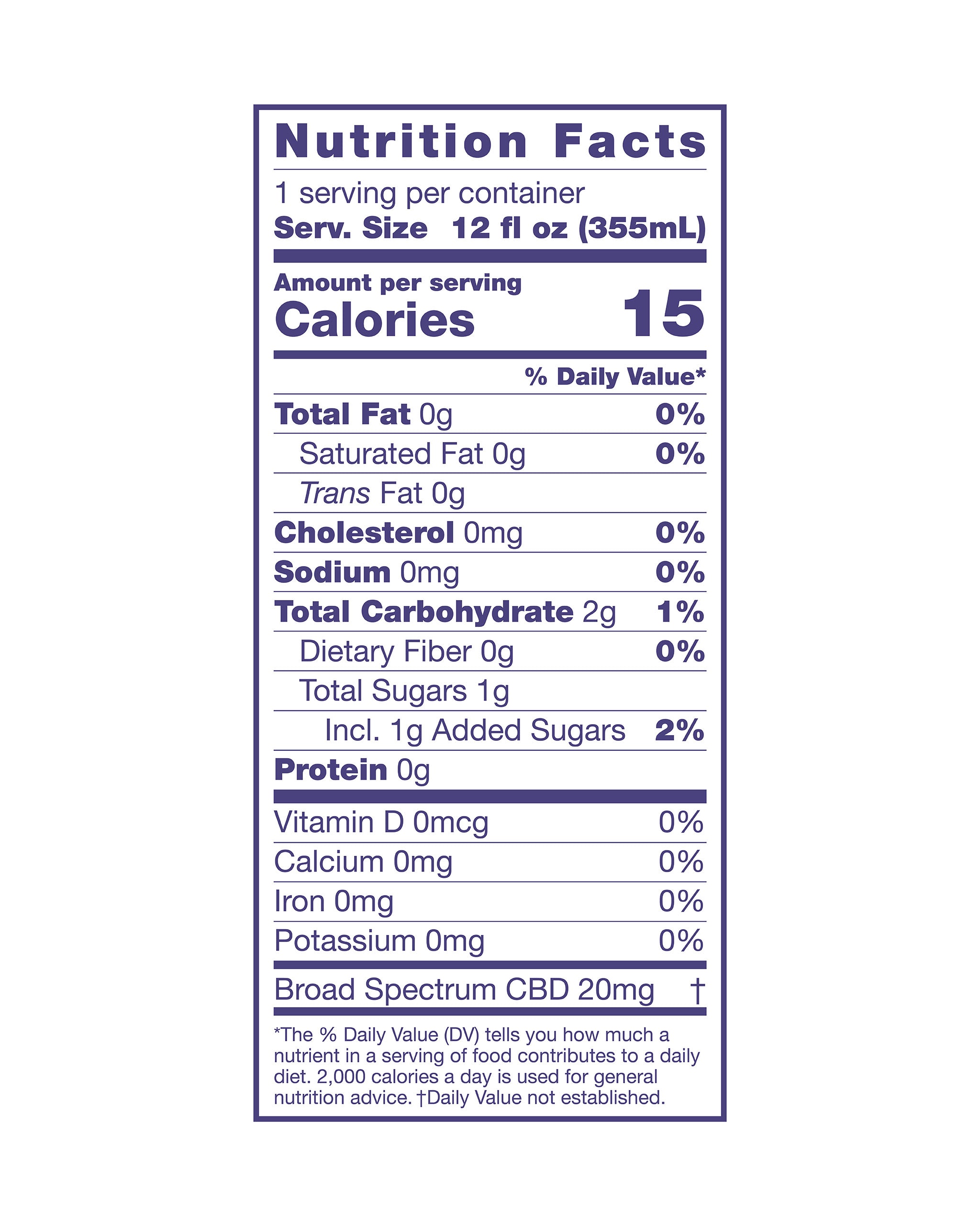 Nutrition panel for 12fl oz of Cucumber Mint Sparkling Elixir:
Total calories: 15.
Total Fat, 0g, 0% daily value.
Saturated Fat, 0g, 0% daily value.
Trans Fat, 0g.
Cholesterol, 0mg.
Sodium, 0mg, 0% daily value.
Total Carb, 2g, 1% daily value.
Dietary Fiber, 0g, 0% daily value.
Total Sugars, 1g, 2% daily value.
Protein 0g.

Vitamin D, 0mcg, 0% daily value.
Calcium, 0mg, 0% daily value.
Iron, 0mg, 0% daily value.
Potassium, 0mg, 0% daily value.

Broad Spectrum CBD, 20mg. Daily value not established.