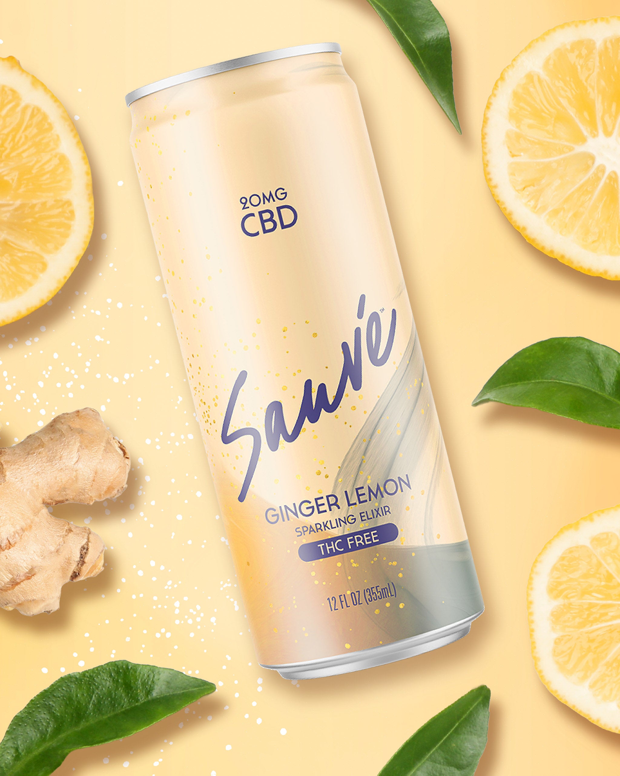 12 fl oz can of Ginger Lemon Sparkling Elixir, on a pale yellow background with lemon slices, ginger root, and green leaves. Product is THC free, and contains 20mg CBD.