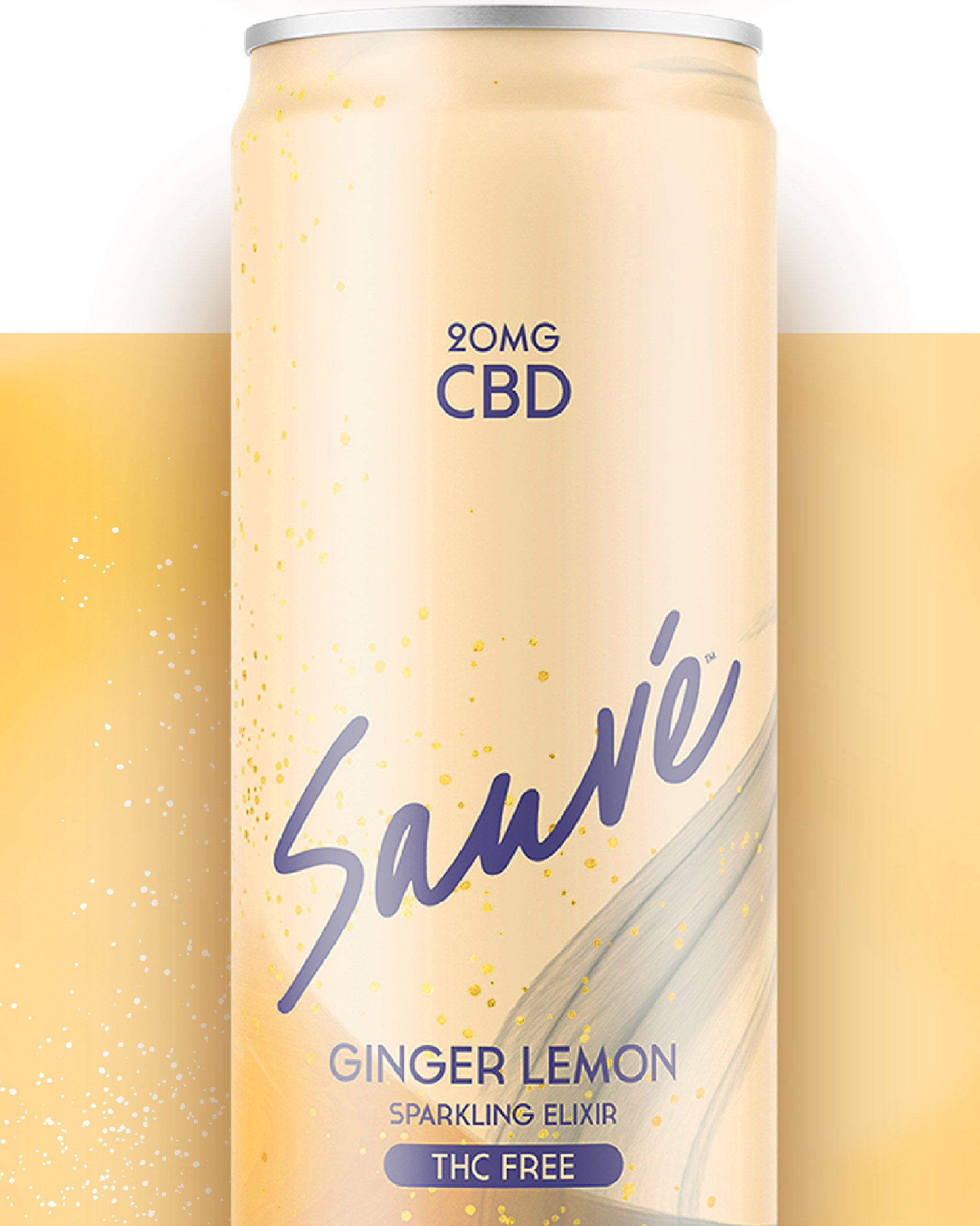 12 fl oz can of Ginger Lemon Sparkling Elixir. Product is THC free, and contains 20mg CBD. Label displays the company logo on a pale yellow background.