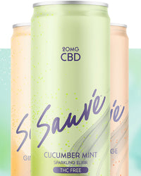 Several cans of Sauvé Sparkling CBD Elixir, arranged in a triangle. Left to right: the flavors Ginger Lemon, Cucumber Mint, and Blood Orange Cinnamon, on a pale  blue-green background.