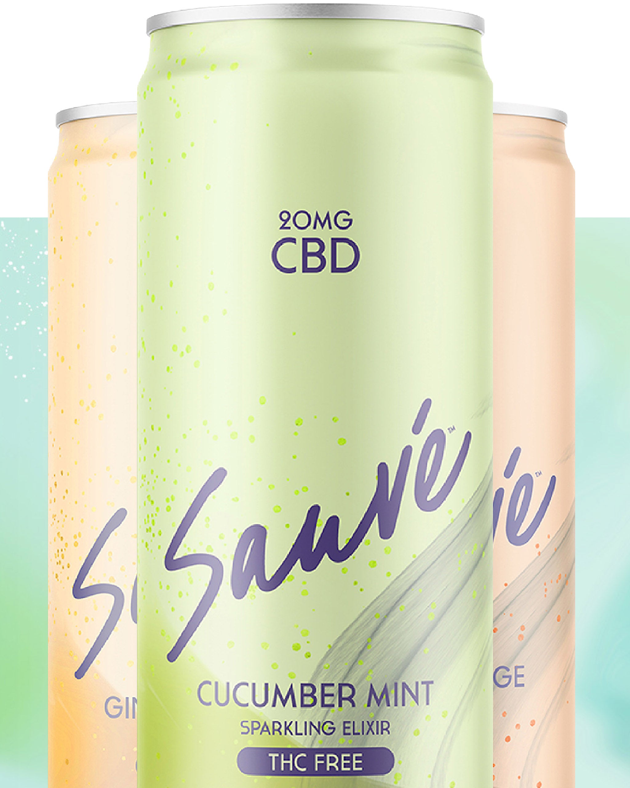 Several cans of Sauvé Sparkling CBD Elixir, arranged in a triangle. Left to right: the flavors Ginger Lemon, Cucumber Mint, and Blood Orange Cinnamon, on a pale  blue-green background.