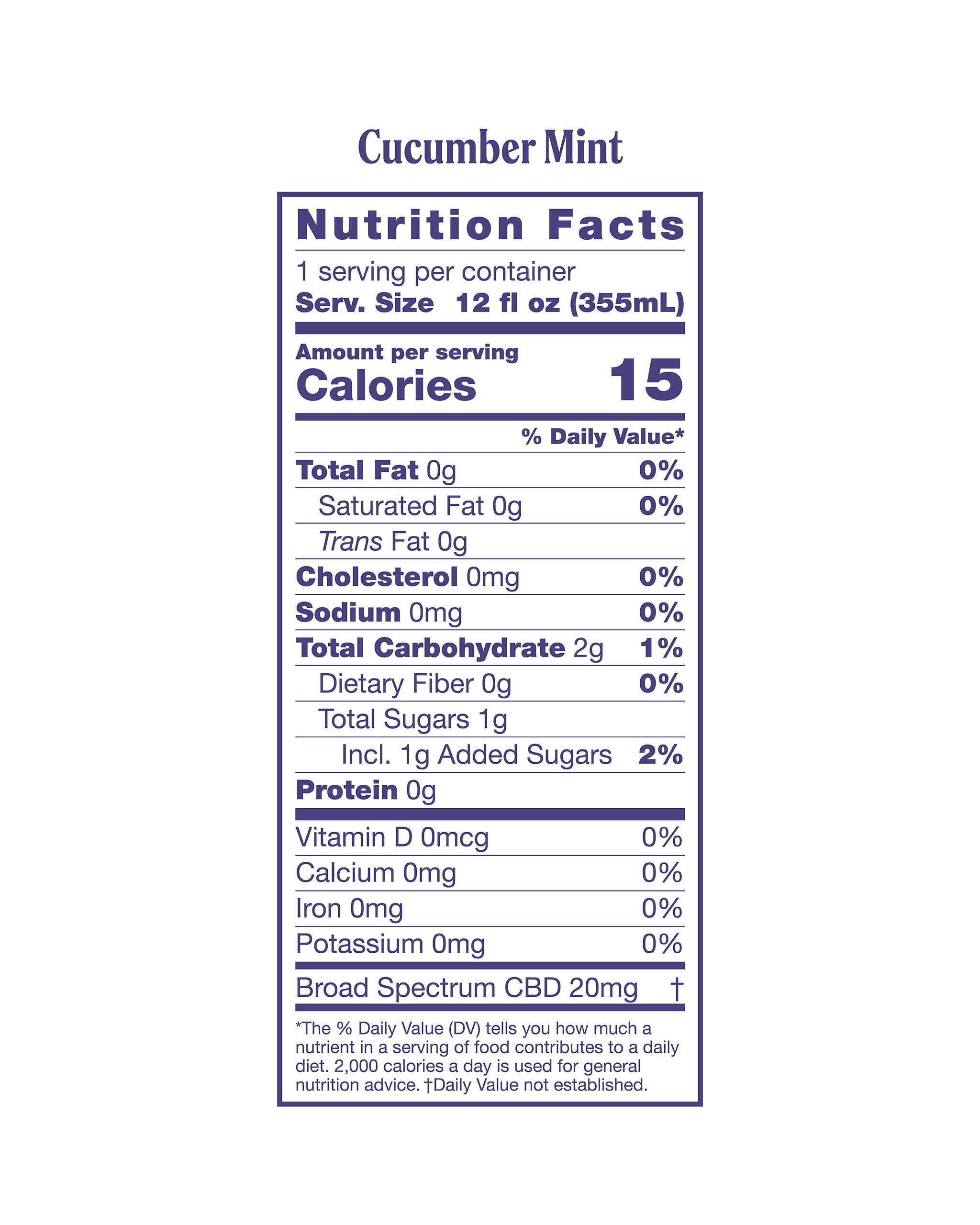 Nutrition panel for 12fl oz of Cucumber Mint Sparkling Elixir:
Total calories: 15.
Total Fat, 0g, 0% daily value.
Saturated Fat, 0g, 0% daily value.
Trans Fat, 0g.
Cholesterol, 0mg.
Sodium, 0mg, 0% daily value.
Total Carb, 2g, 1% daily value.
Dietary Fiber, 0g, 0% daily value.
Total Sugars, 1g, 2% daily value.
Protein 0g.

Vitamin D, 0mcg, 0% daily value.
Calcium, 0mg, 0% daily value.
Iron, 0mg, 0% daily value.
Potassium, 0mg, 0% daily value.

Broad Spectrum CBD, 20mg. Daily value not established.