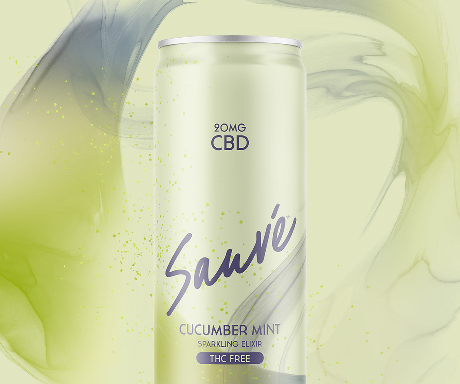 12oz can of Cucumber Mint Sparkling Elixir. Product is THC free, and contains 20mg CBD. Label displays the company logo on a pale green background.