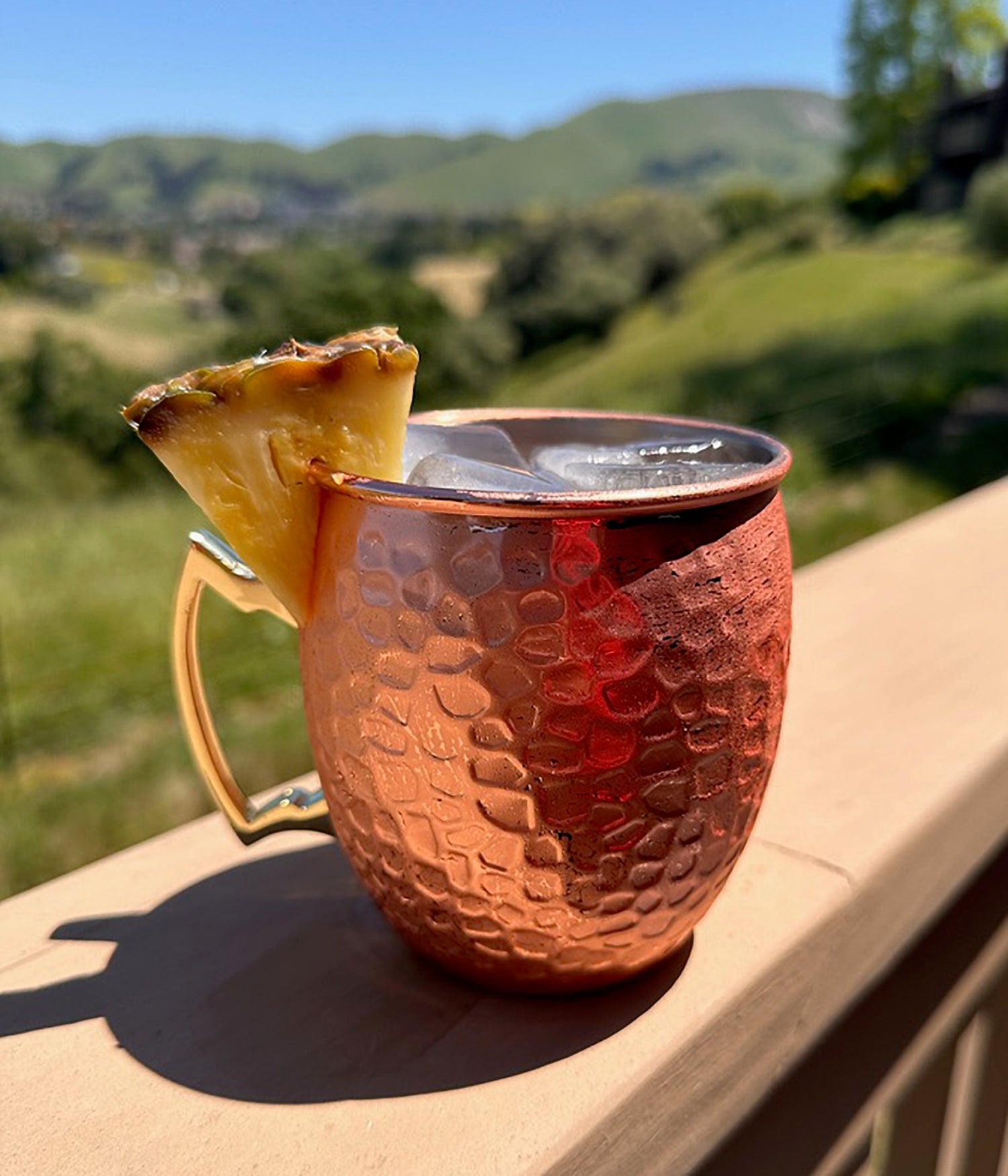 A copper mug of Blood Orange Sparkling Elixir, over ice with a pineapple wedge garnish, sitting on a wooden railing against a green landscape.