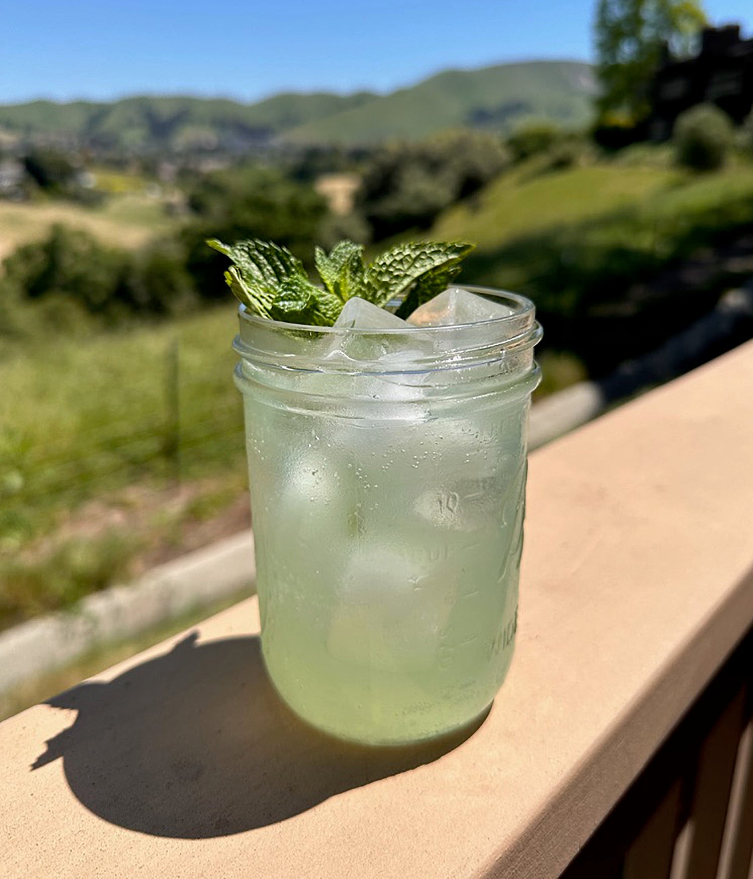 A mason jar of Cucumber Mint Sparkling Elixir, over ice with a fresh herb garnish, sitting on a wooden railing against a green landscape.